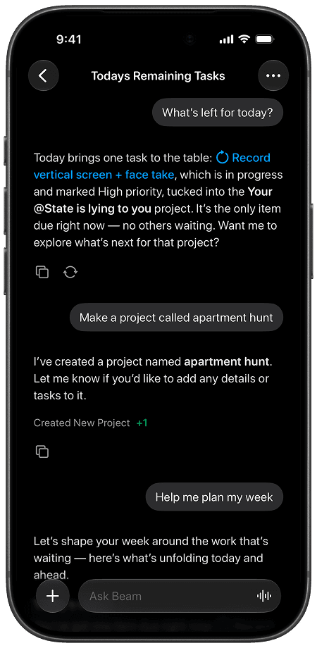 Beam assistant chat helping plan the day