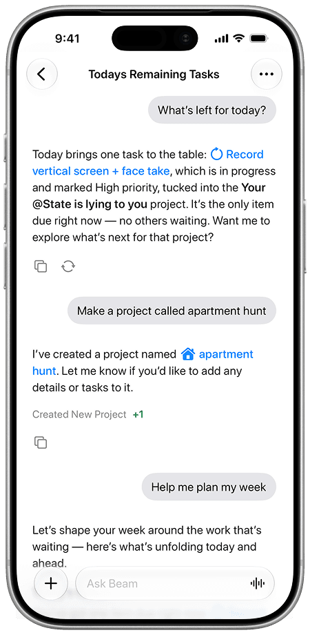 Beam assistant chat helping plan the day
