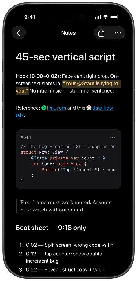 Beam notes with rich blocks and formatting