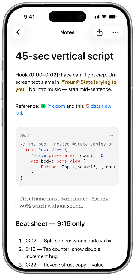 Beam notes with rich blocks and formatting