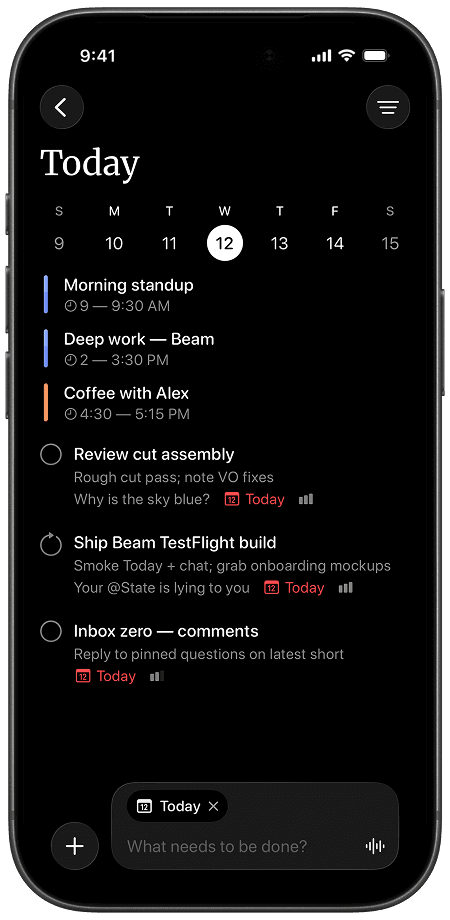 Beam Today view with tasks and calendar