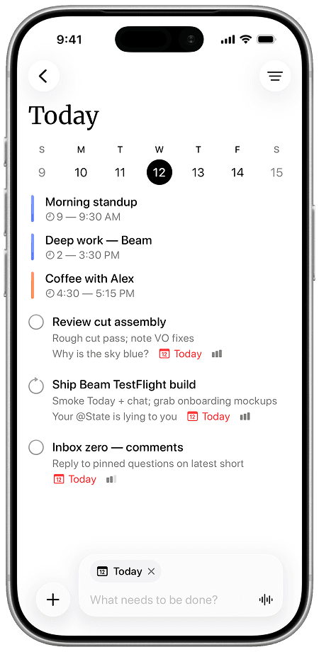 Beam Today view with tasks and calendar
